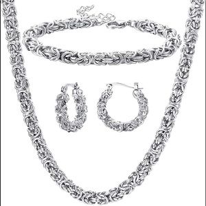 Stainless Steel Byzantine Chain Necklace Bracelet Earrings for Women Jewelry Set
